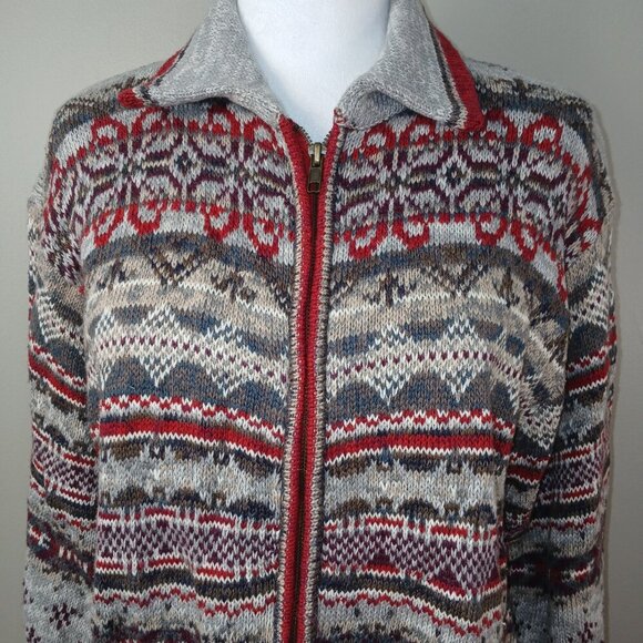 HEIRLOOM COLLECTIBLE  VINTAGE FRONT ZIP CARDIGAN GRAY AND RED DESIGNS WOMENS LG - Picture 5 of 8